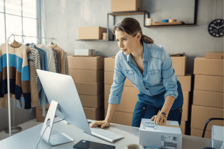 Online store owner reviews an order at her computer while packing shipments — gathering transaction records to respond to a customer chargeback.