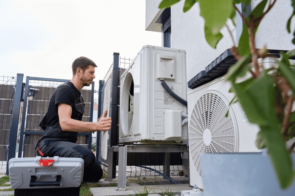 Accepting Payments in the Field: A Guide for Mobile Businesses 2 An HVAC technician services an outdoor heat pump unit, the kind of on-the-call job where accepting payments in the field keeps cash flow moving.