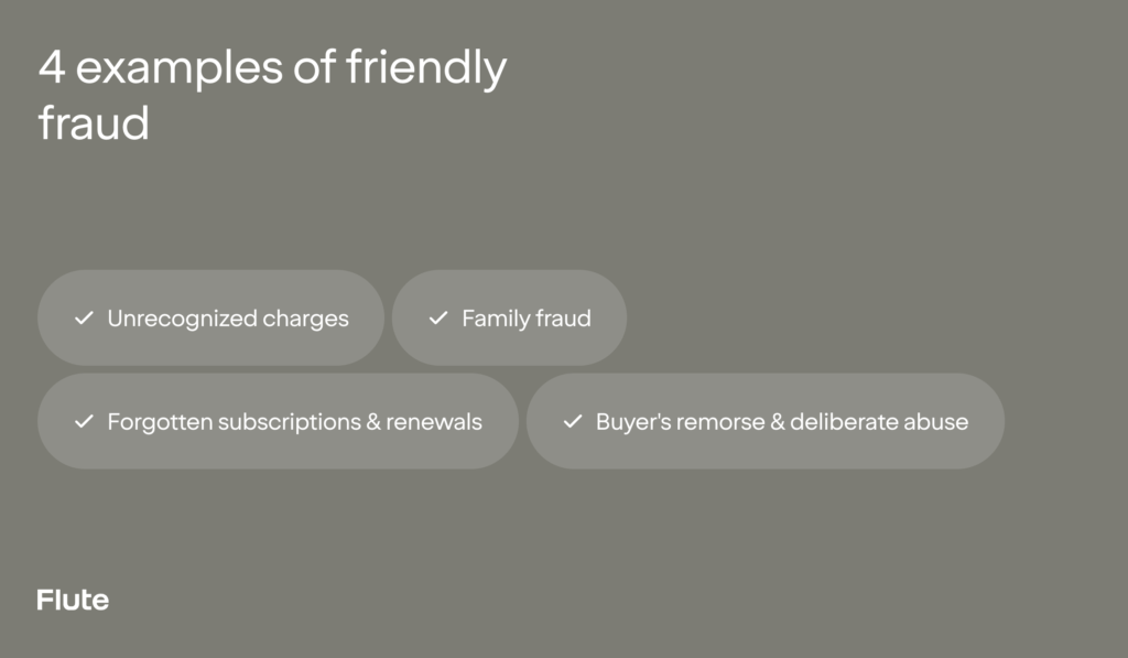 What Is Friendly Fraud? How to Spot and Prevent It 2 Flute graphic listing four examples of friendly fraud: unrecognized charges, family fraud, forgotten subscriptions, and buyer’s remorse