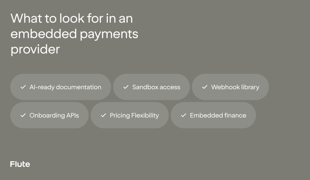 Flute checklist of what to look for in an embedded payments provider, including AI-ready documentation and sandbox access